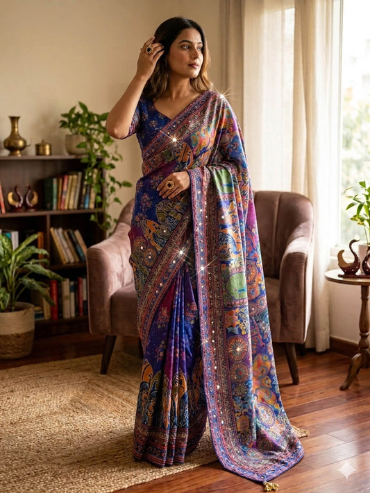 Royal Blue Kalamkari print ready to wear saree with mirror work - front drape