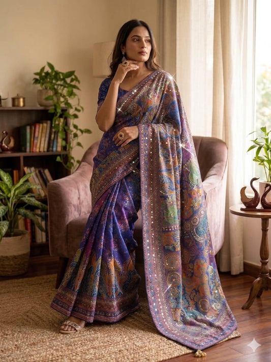 Royal Blue multicolor Kalamkari printed saree with sequins - side view
