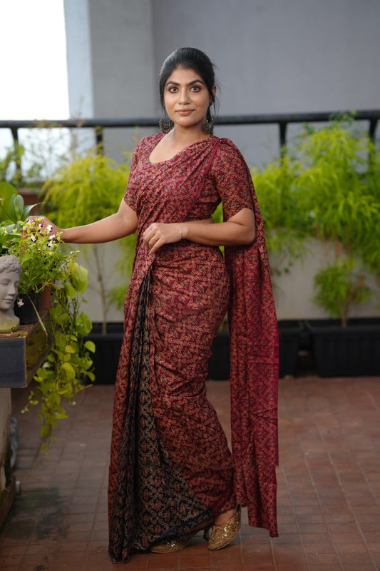 Maroon Mul Cotton Ready to Wear Saree with Pocket - front view