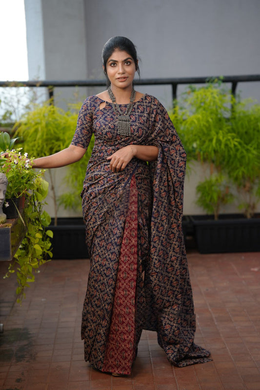Navy Blue Mul Cotton Ready to Wear Saree with Pocket - front view