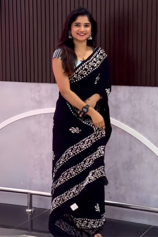 Black Mul Cotton Ready to Wear Saree - front view