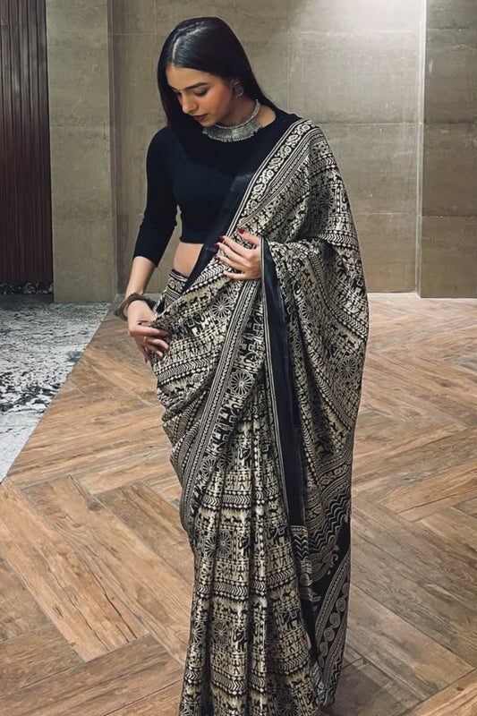 Black Crape Silk Saree - draped detail