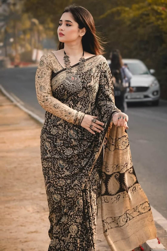 Beige and Black Crape Silk Ready to Wear Saree - front view