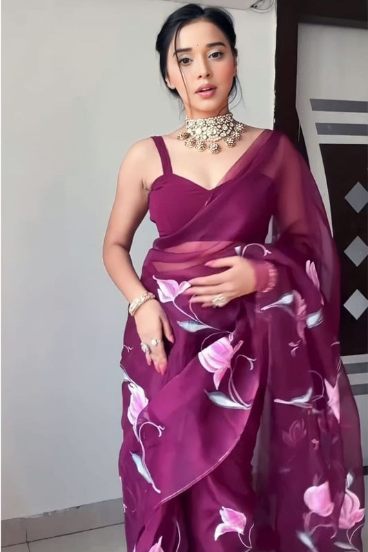 Wine Organza Silk Ready to Wear Saree – The Sareeza