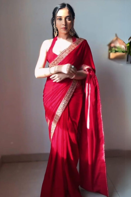 Red Velvet Designer Saree - front view