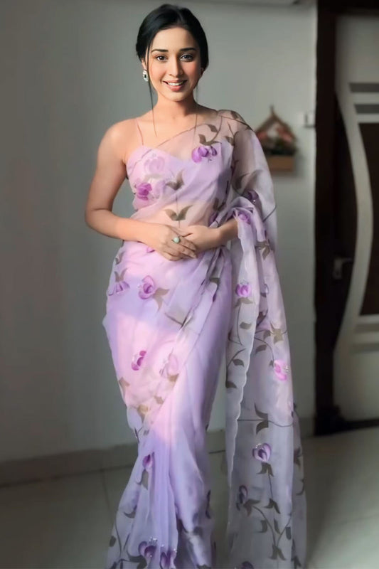 Lavender Organza Silk Ready to Wear Saree - front view