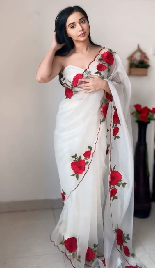 Off White Organza Silk Saree - full spread
