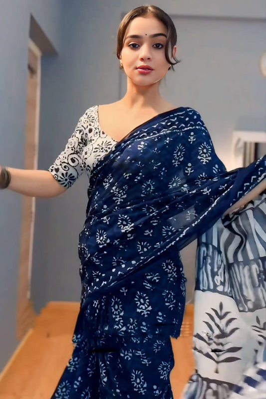 Blue Cotton Ready to Wear Saree - side view