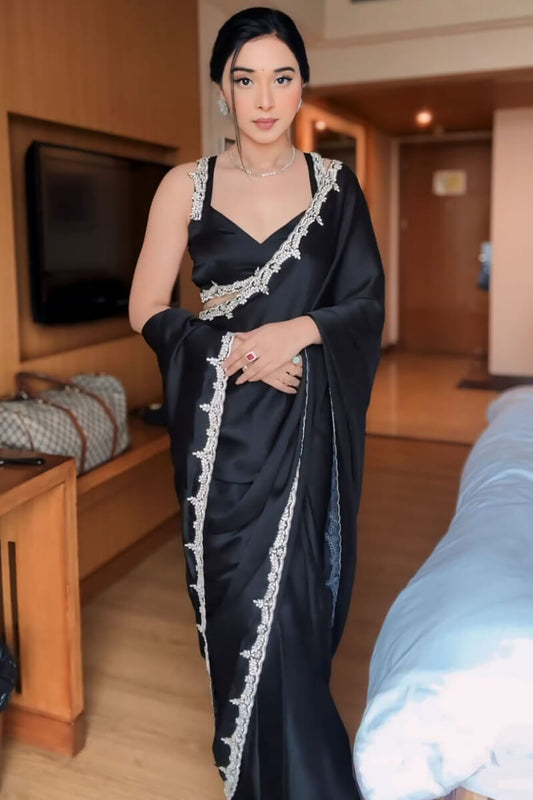 Black Satin Silk Ready to Wear Saree - front view