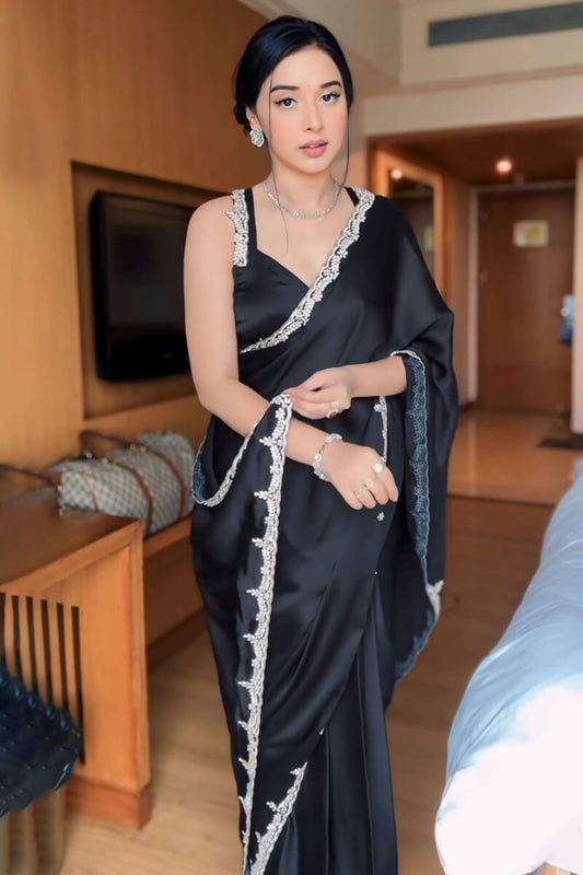Black Satin Silk Saree - side view