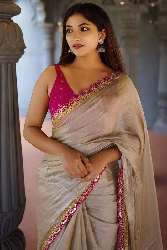 Beige Tissue Silk Saree - draped look