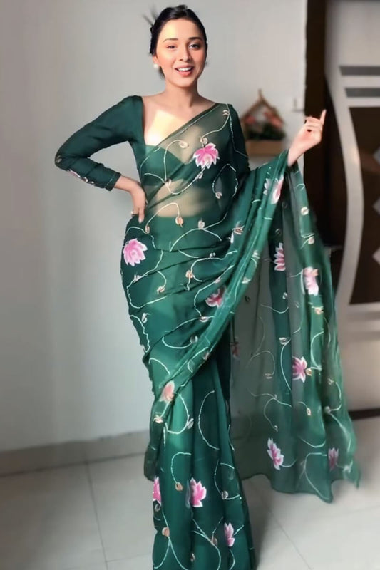 Dark Green Organza Silk ready to wear saree front drape – The Sareeza