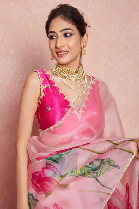 Baby Pink Organza Silk Saree - side view