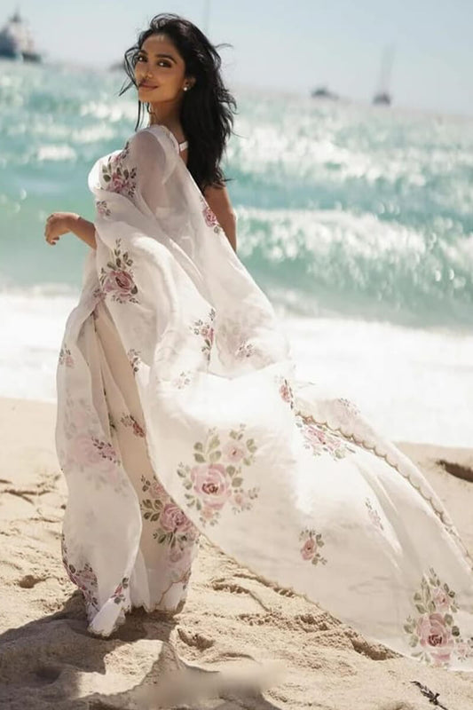 Beige Organza Silk Hand Work Ready to Wear Saree – The Sareeza