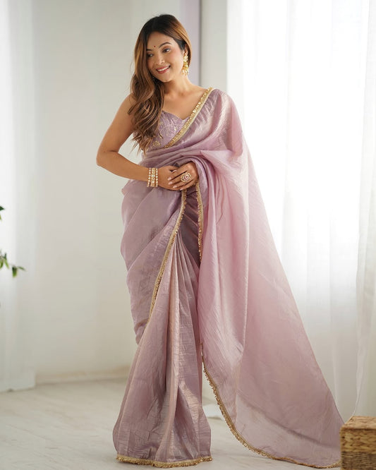 Lavender Crush Silk 1-Minute Ready to Wear Saree with golden border – front view
