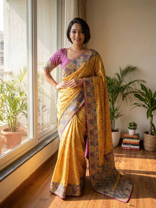 Yellow soft chinon silk saree with mirror work and zari border