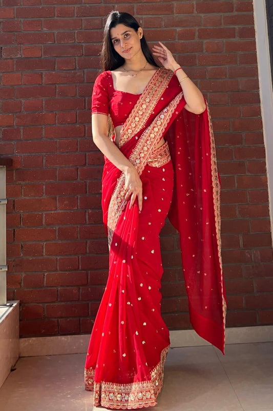 Red Georgette Silk saree with sequins and embroidery work – front view