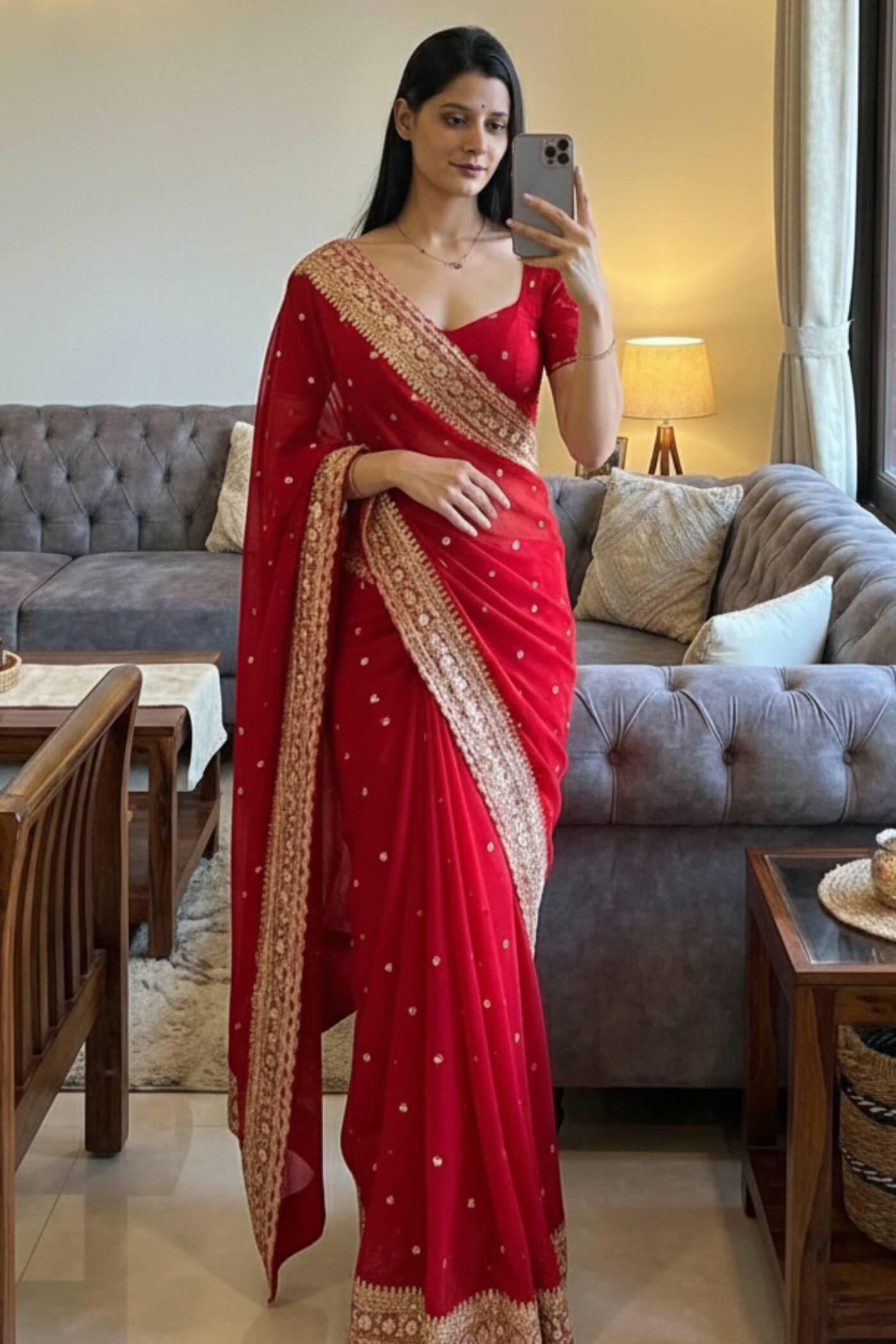 Red Georgette Silk saree – pallu and blouse piece