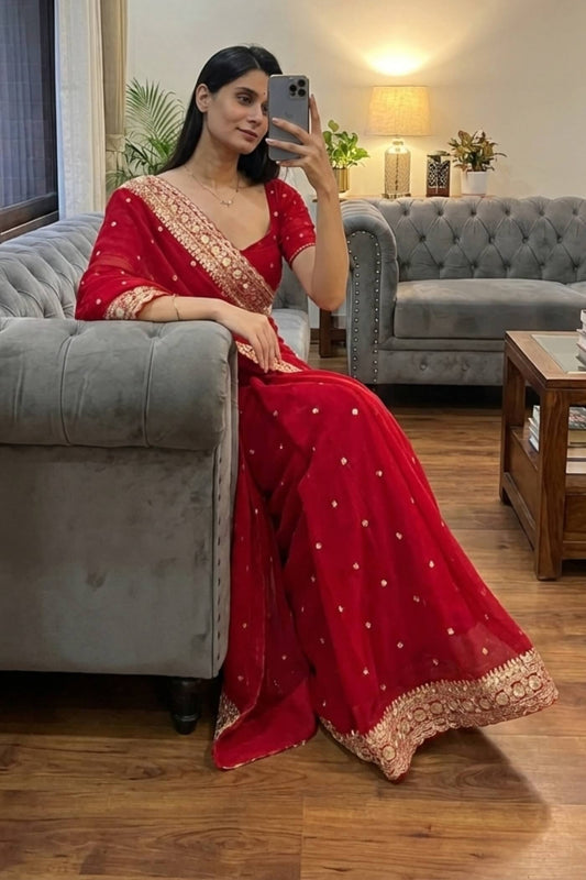 Red Georgette Silk saree – draped look
