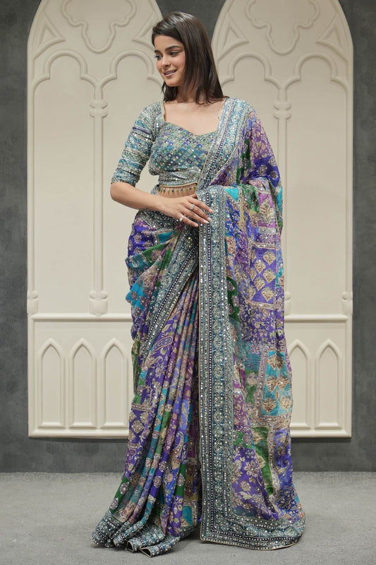Blue Multicolor Chinon Silk Saree - pallu detail