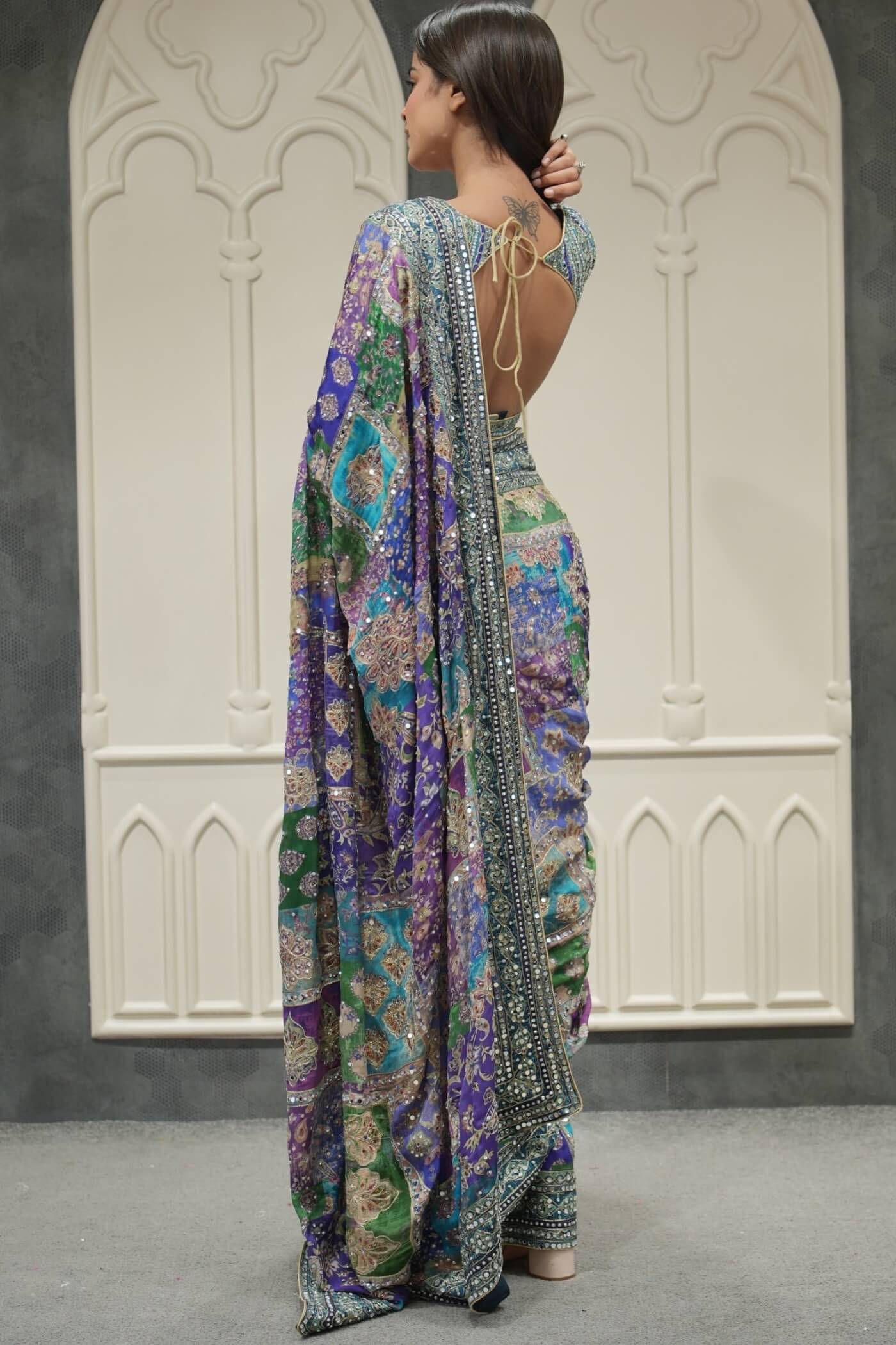 Blue Multicolor Chinon Silk Saree - mirror work close-up