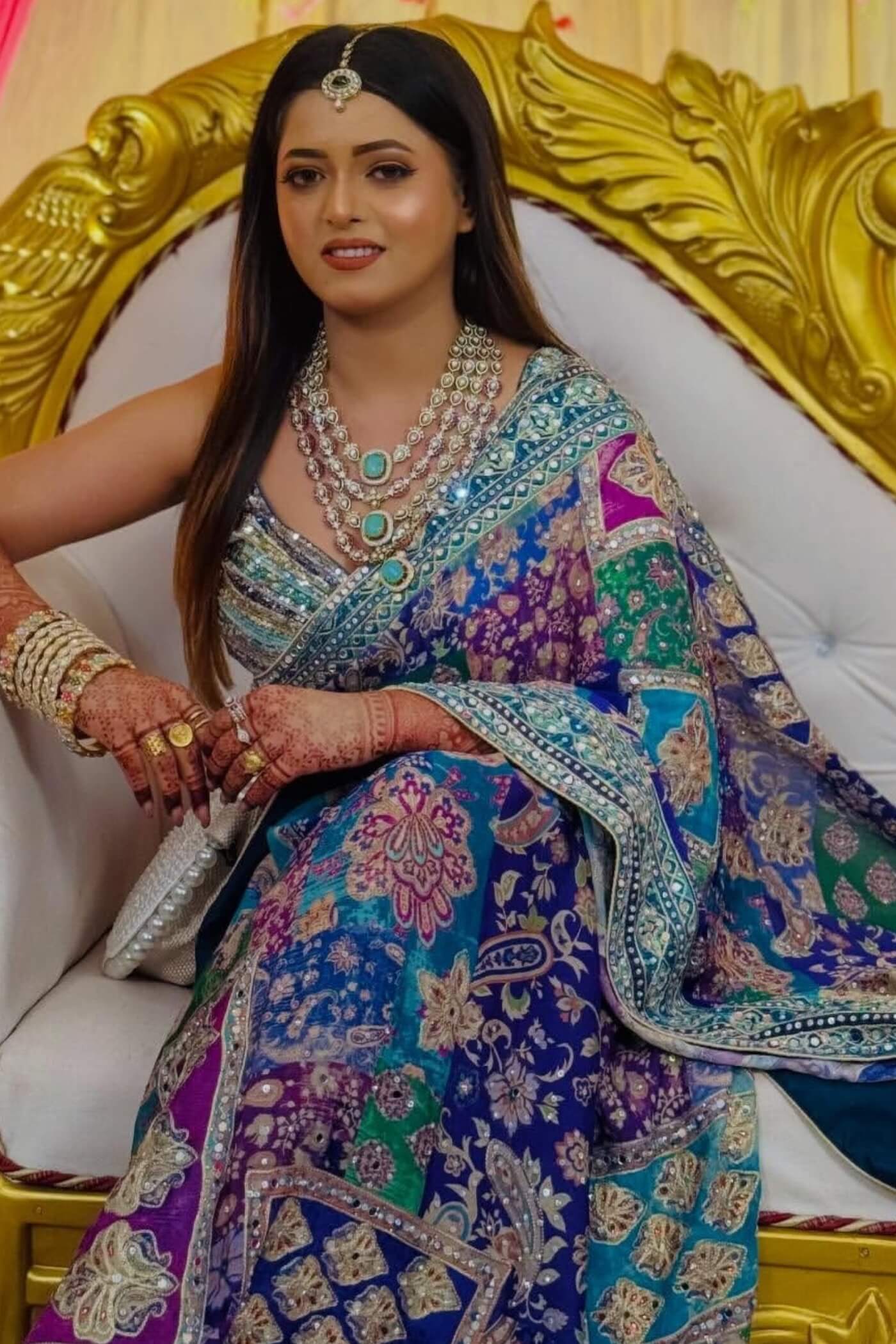 Blue Multicolor Chinon Silk Saree - border design