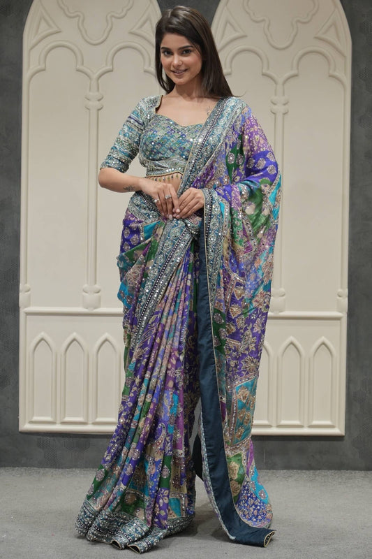 Blue Multicolor Chinon Silk Saree - front view