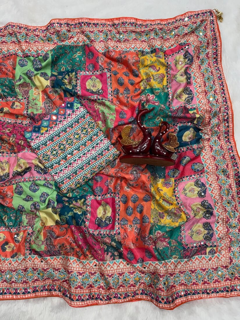 Multicolor Chinon Silk Printed Saree - full spread