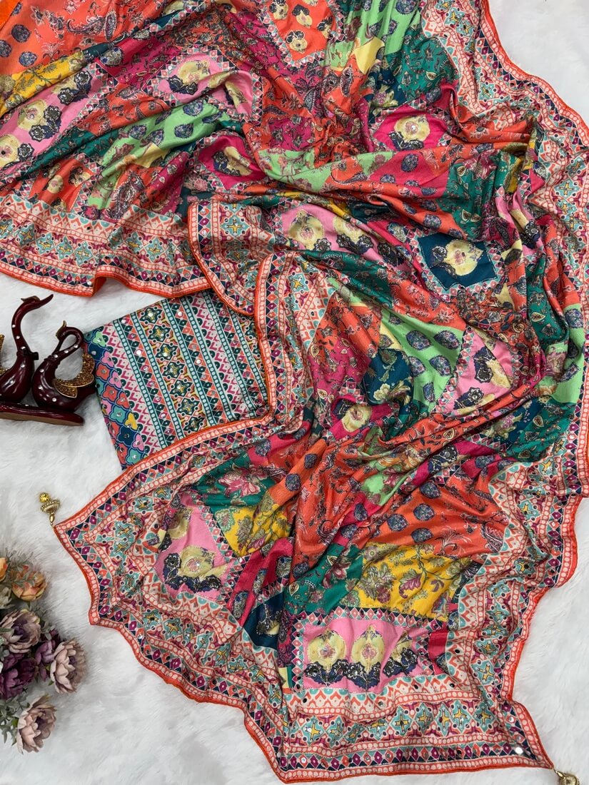 Multicolor Chinon Silk Printed Saree - blouse piece