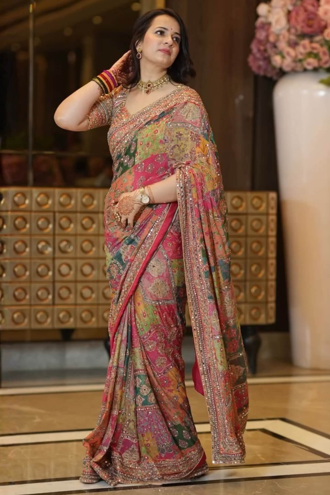 Multicolor Chinon Silk Printed Saree with Zari Border and Mirror Work - draped view