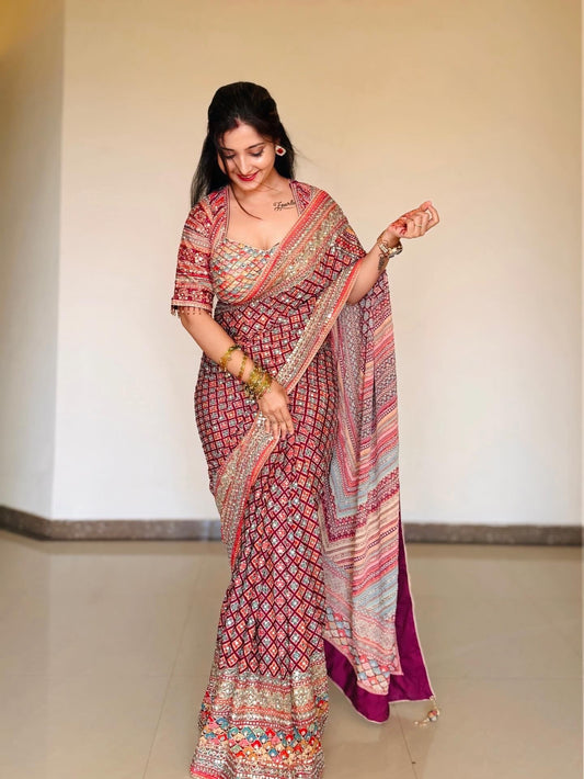 Multicolor Chinon Silk Saree
