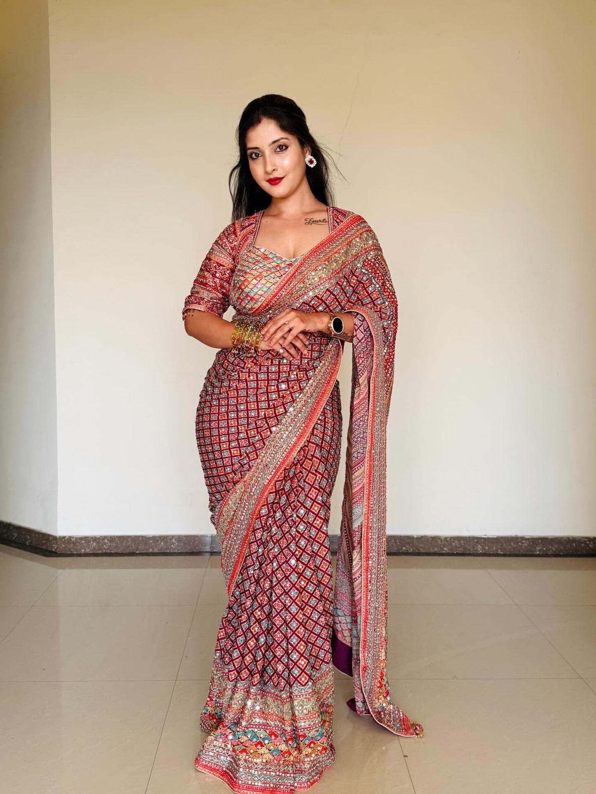 Multicolor Chinon Silk mirror work saree with zari and Bandhani print - full drape