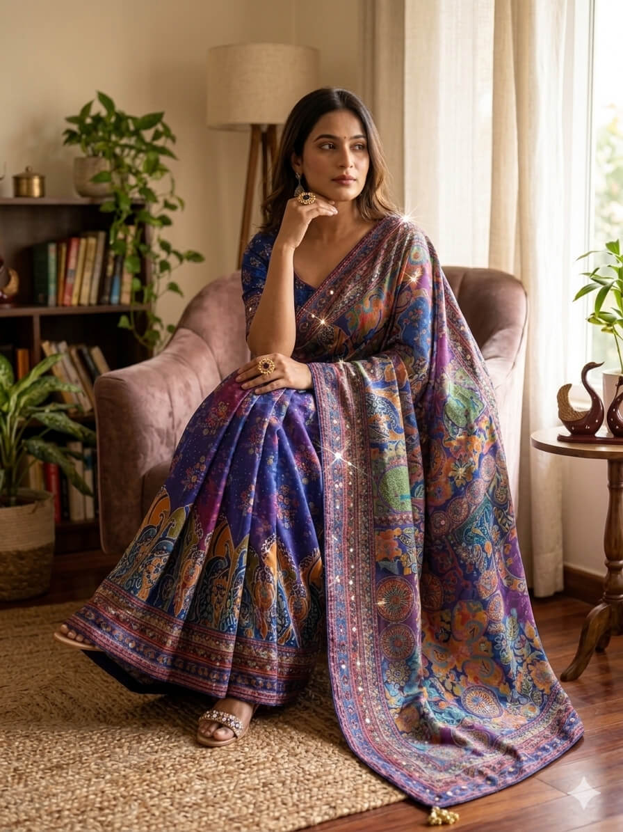 Royal Blue mirror work ready to wear saree - seated pose