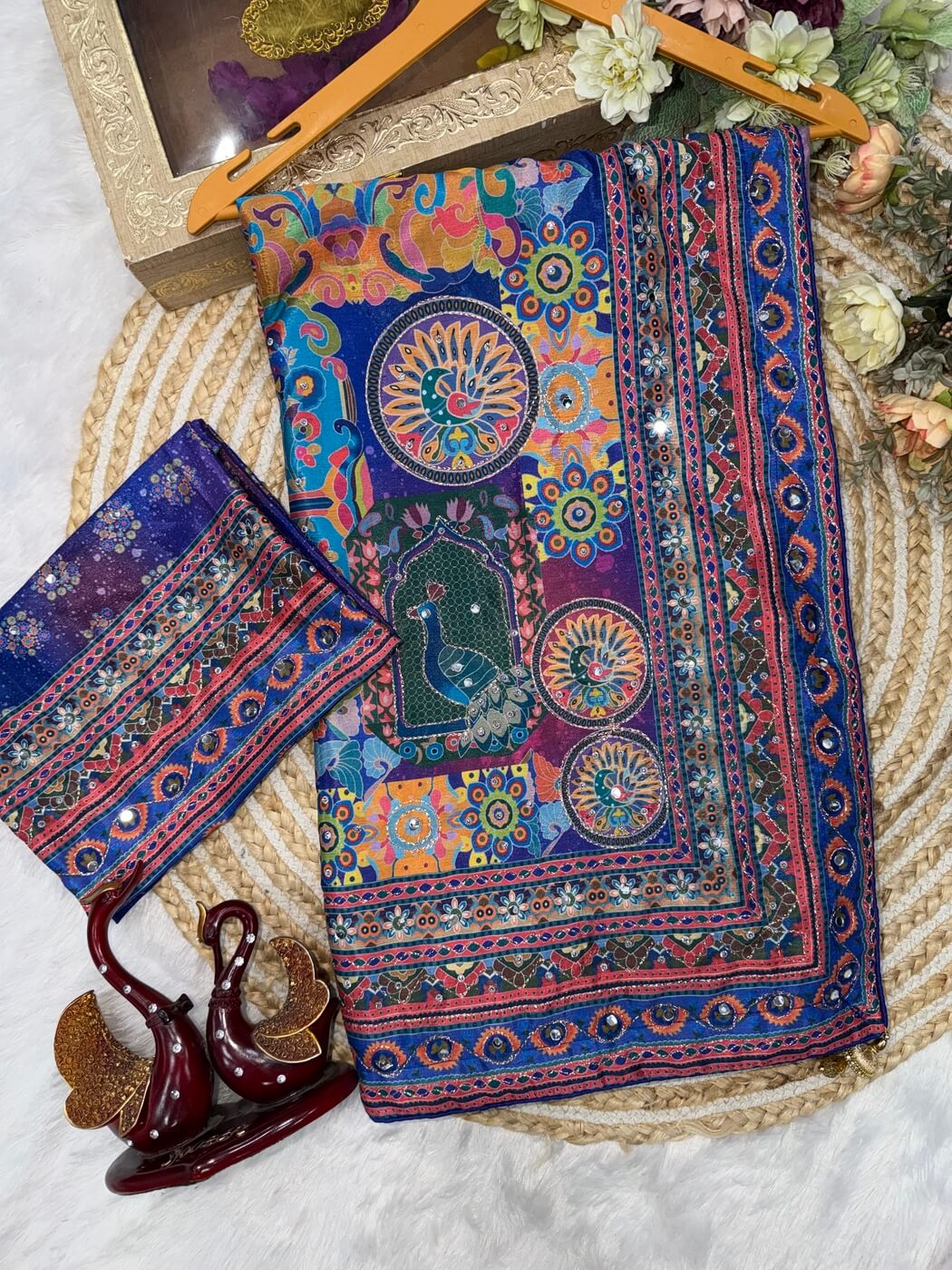 Royal Blue Kalamkari saree pallu detail with peacock motif and mirror work