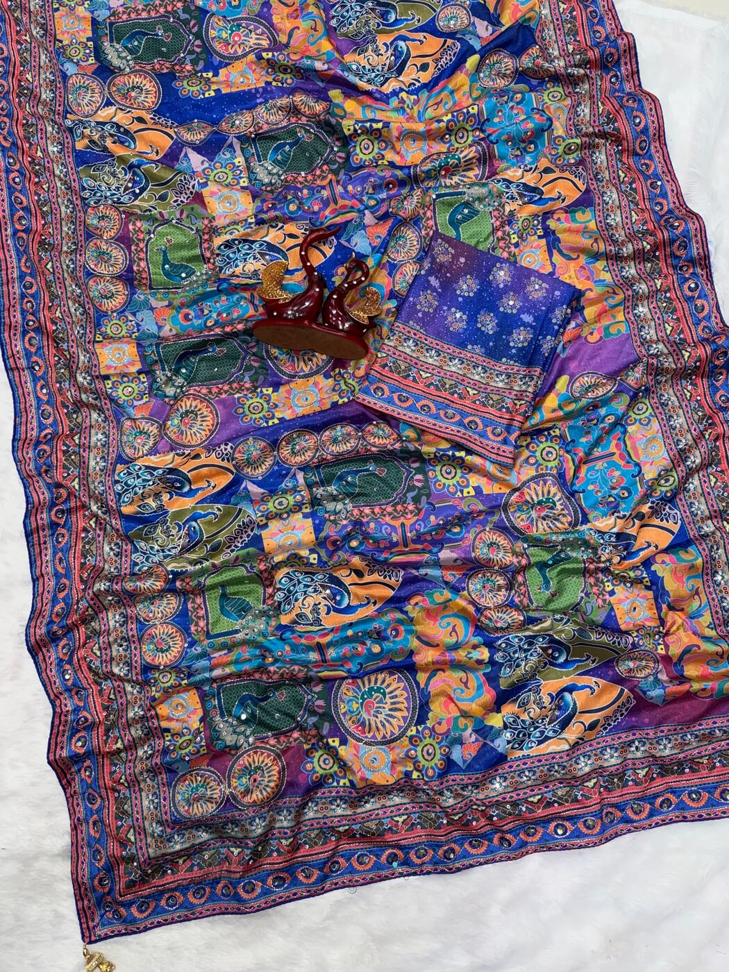 Royal Blue printed ready to wear saree full spread with blouse piece