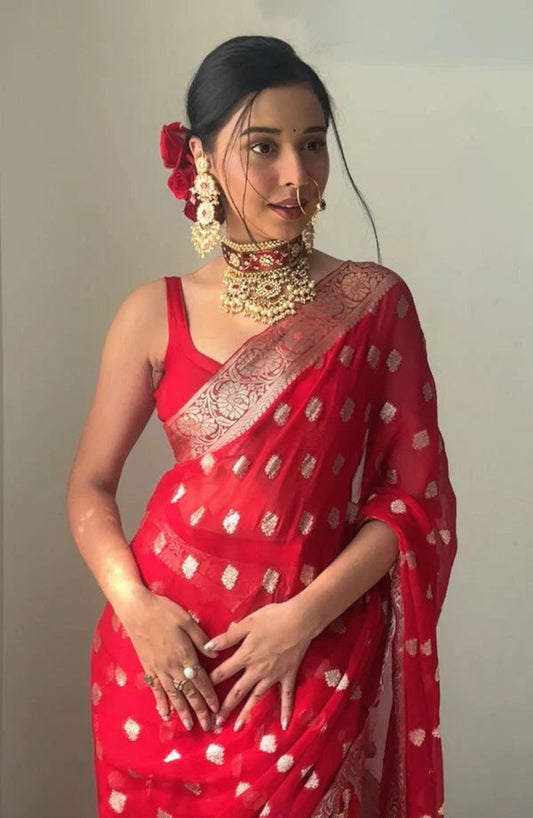 Red Cotton Silk Saree - side view