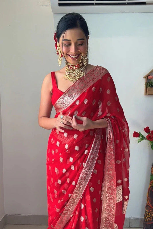 Red Cotton Silk Ready to Wear Saree - front view