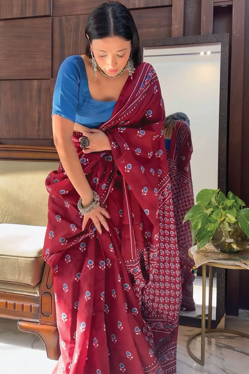 Maroon Cotton Saree - draped look