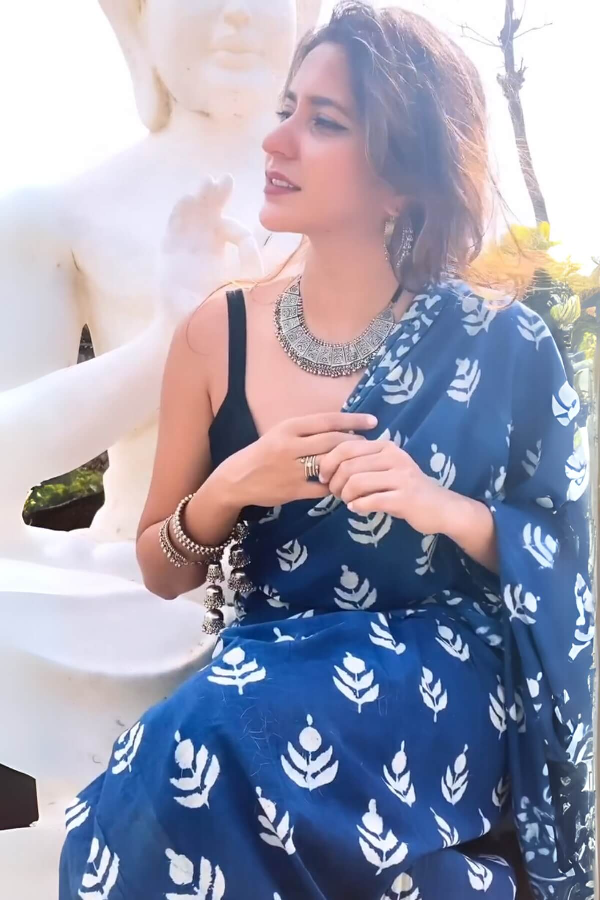 Blue Mul Cotton Saree - draped look