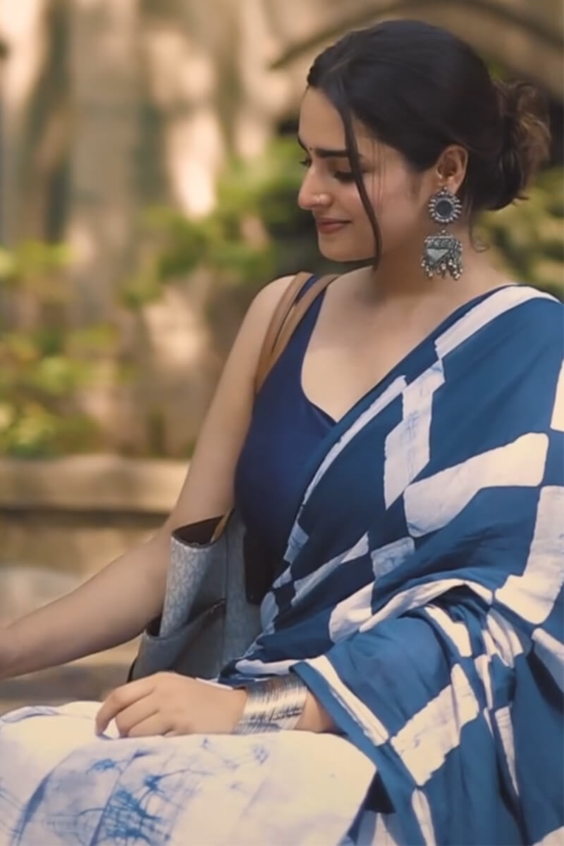 Blue Mul Cotton Saree - draped look