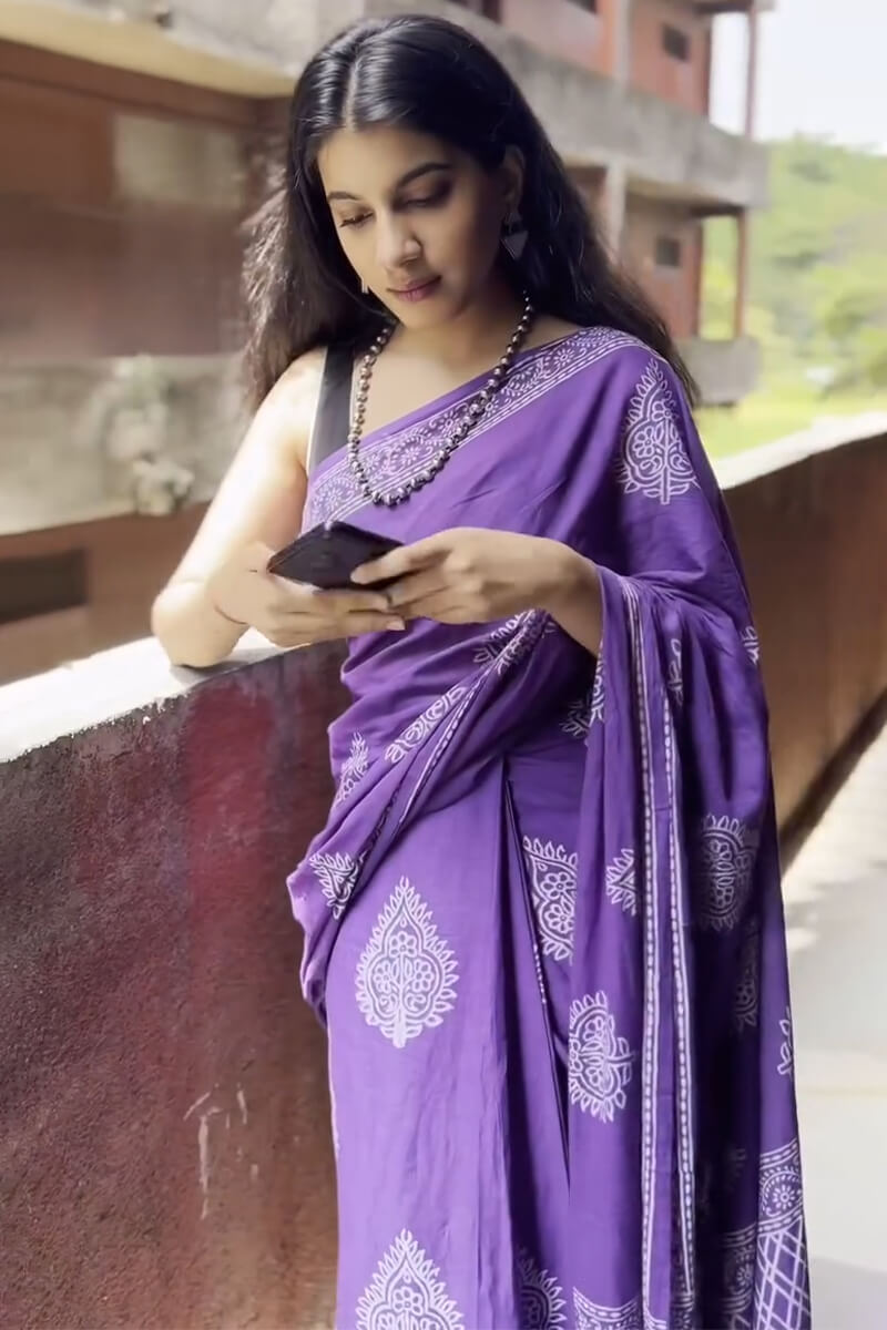 Purple Mul Cotton Saree - draped look