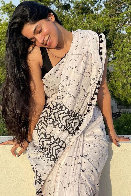 White Mul Cotton Ready to Wear Saree with Pocket - front view