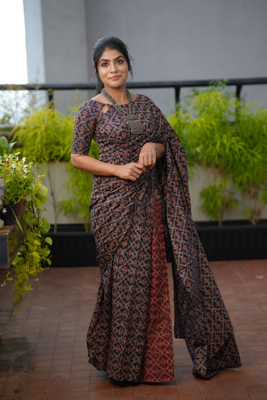 Navy Blue Mul Cotton Saree - draped look