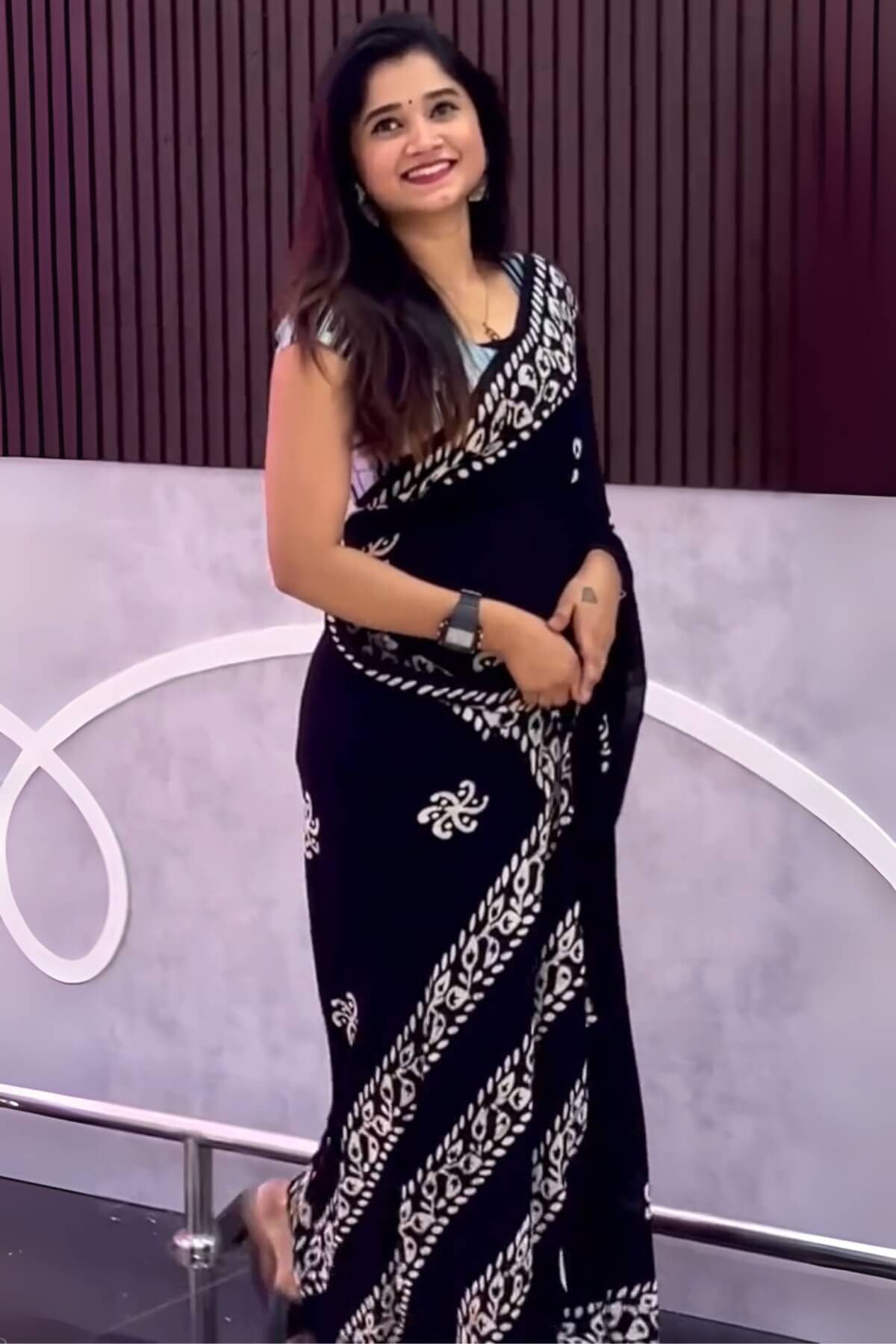 Black Mul Cotton Saree - draped look