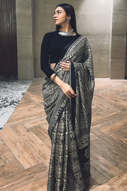 Black Crape Silk Ready to Wear Saree - front view