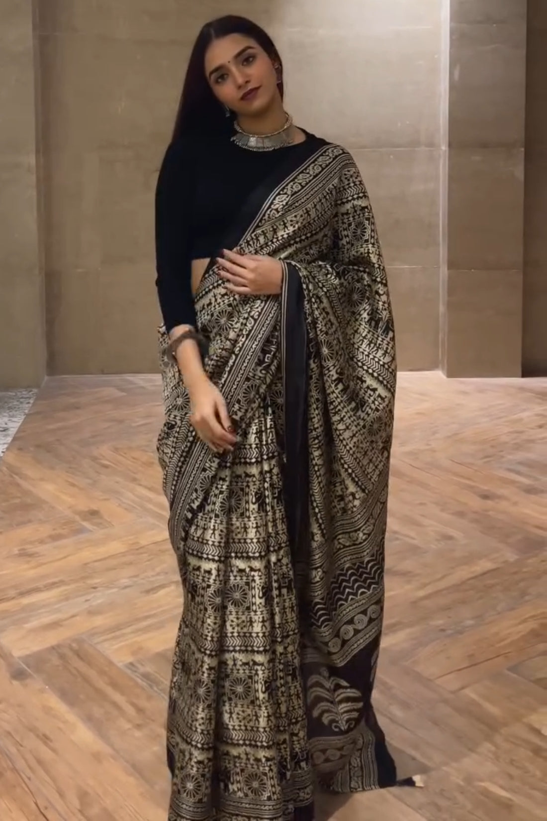 Black Crape Silk Saree - blouse piece