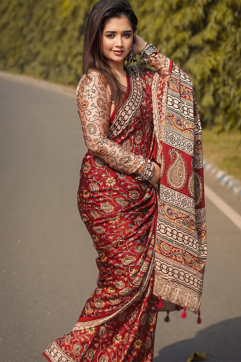 Red Crape Silk Ready to Wear Saree - draped look
