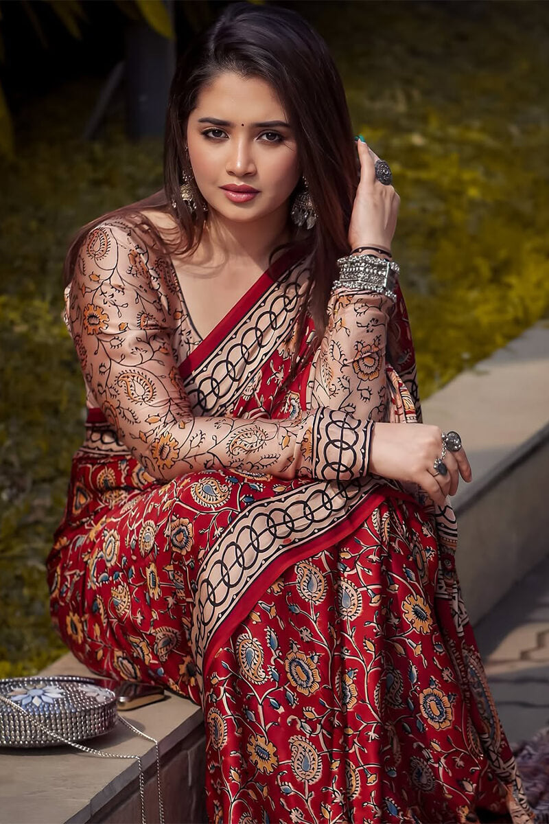 Red Crape Silk Ready to Wear Saree - side view