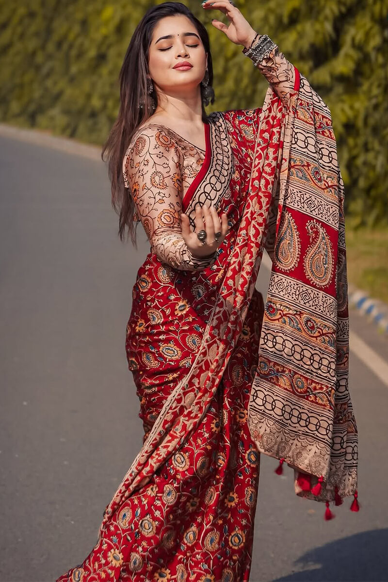 Red Crape Silk Saree - fabric close-up