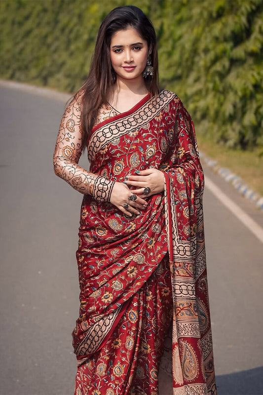 Red Crape Silk Ready to Wear Saree - front view
